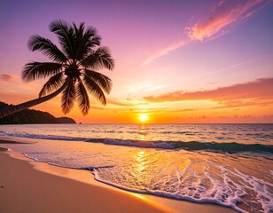 A breathtaking sunset over a calm ocean, with vibrant orange, pink, and purple hues filling the sky, soft waves gently reflecting the colors, a silhouette of a lone palm tree on the left side, cinemat