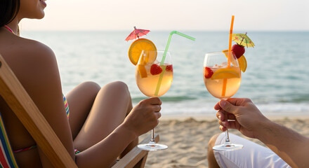 Couple toasting with summer cocktails on beach, enjoying relaxing vacation