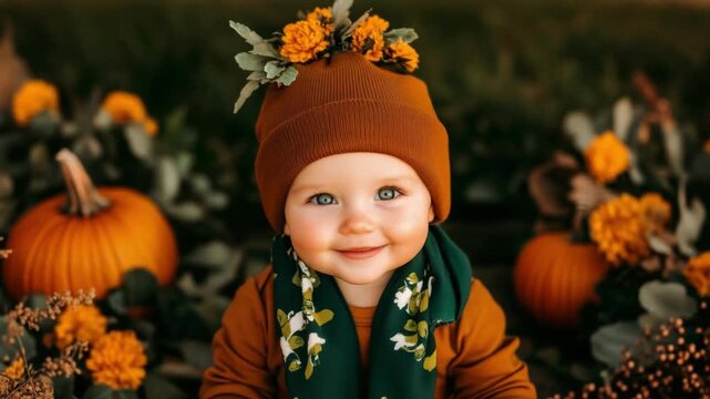 Happy halloween little kid smiling in pumpkin patch area. Adorable baby boy with blue eyes enjoying autumn season. Fall harvest. All Hallows Eve, Samhain