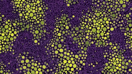 Abstract organic dot pattern with irregular yellow and green circles on dark purple background, creating vibrant and dynamic texture with high visual interest and depth