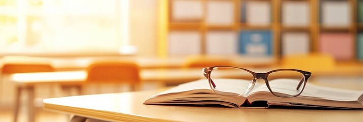 Open book and eyeglasses are resting on a school desk in an empty classroom, bathed in the warm glow of morning sunlight streaming through the window, creating a serene back to school atmosphere
