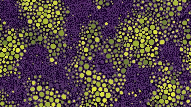 Abstract organic dot pattern with irregular yellow and green circles on dark purple background, creating vibrant and dynamic texture with high visual interest and depth