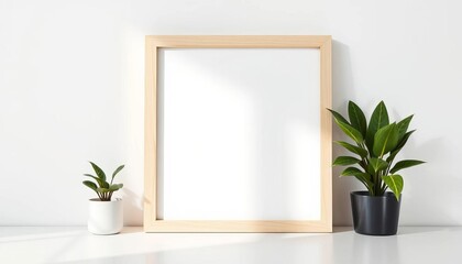 Blank light wood framed letter S mockup, white wall, plant shadows,   branding,  shadow