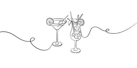 Alcoholic cocktail set glasses, continious line drawing.  Summer cocktail set outline. Vector illustration