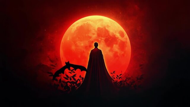 Man in a cape silhouetted against a blood red moon with a bat flying. Mysterious Halloween night landscape for horror content. All Hallows Eve, Samhain