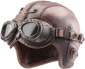 Vintage brown leather motorcycle helmet with goggles