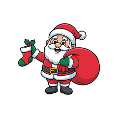 Cartoon Santa Claus holding a Christmas stocking and gift bag holiday festive