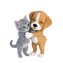 Fototapeta premium two adorable cartoon puppies hugging each other. one puppy is brown with a white chest and paws, while the other has gray fur with black stripes on its face and ears