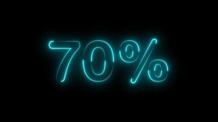 Neon glowing 70 percent sign on black background. Abstract 70% percent text neon animation. Neon percentage text sign with light effects. business offer, discount concept
