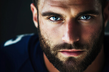 Obraz premium Close-Up Portrait of a Determined American Football Player Wearing Helmet, Generative AI art