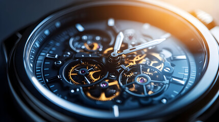 Close-up view of a mechanical watch's intricate inner workings.