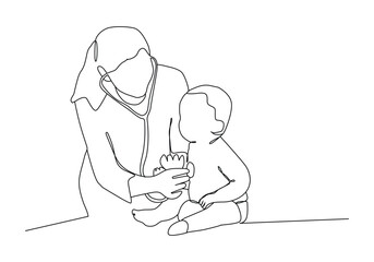 One single line drawing of young female pediatric doctor examining baby health condition and check the heart beat,  line draw design vector illustration.