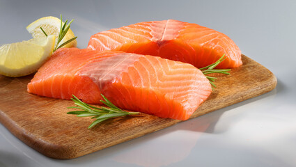Wildlachs auf Holzbrett mit Rosmarin und Zitrone, Lachs, Filet, frisch, 