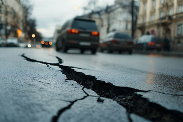 Road Fracture: A significant crack bisects an urban street, with blurred cars in the backdrop, highlighting infrastructure vulnerability & potential repair challenges.