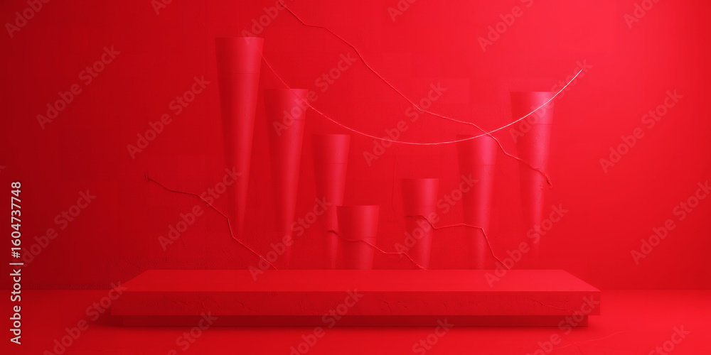 Poster red monochrome scene featuring a platform with abstract graph and column shapes behind it