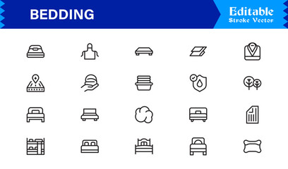 Bedding and Sleep Essentials Icons – Modern Professional Line Icon Set Featuring Minimal Vector Design for Comfort and Home Decor Themes