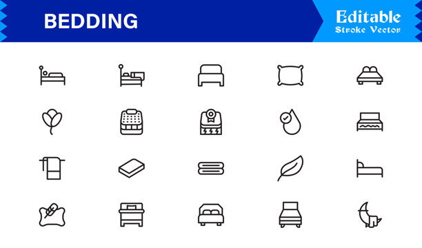 Bedding and Sleep Essentials Icons – Modern Professional Line Icon Set Featuring Minimal Vector Design for Comfort and Home Decor Themes