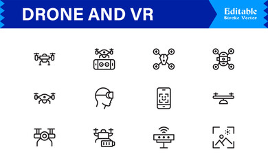 Drone and Virtual Reality Icons – Modern Professional Line Icon Set Featuring Minimal Vector Design for Technology and Innovation Themes