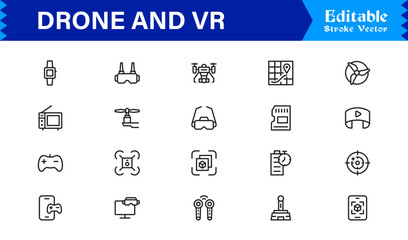 Drone and Virtual Reality Icons – Modern Professional Line Icon Set Featuring Minimal Vector Design for Technology and Innovation Themes