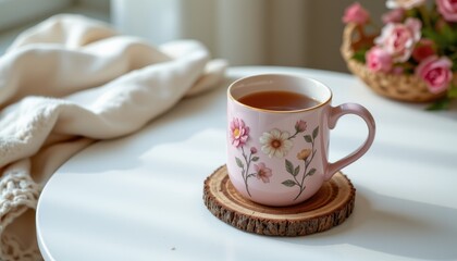 Cozy Tea Cup with Floral Design on Wooden Coaster and Blanket Background in Sunlight