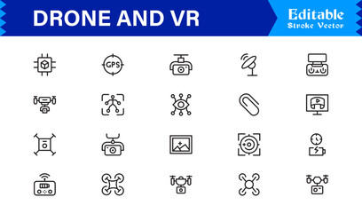 Drone and Virtual Reality Icons – Modern Professional Line Icon Set Featuring Minimal Vector Design for Technology and Innovation Themes