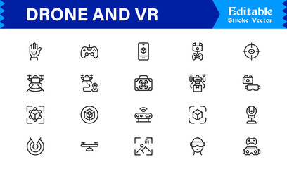 Drone and Virtual Reality Icons – Modern Professional Line Icon Set Featuring Minimal Vector Design for Technology and Innovation Themes