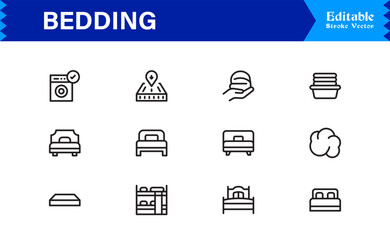Bedding and Sleep Essentials Icons – Modern Professional Line Icon Set Featuring Minimal Vector Design for Comfort and Home Decor Themes