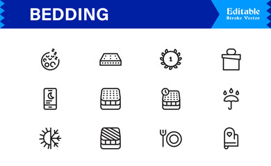 Bedding and Sleep Essentials Icons – Modern Professional Line Icon Set Featuring Minimal Vector Design for Comfort and Home Decor Themes