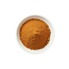 Aerial view of a bowl filled with vibrant turmeric powder, isolated on a white background