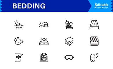 Bedding and Sleep Essentials Icons – Modern Professional Line Icon Set Featuring Minimal Vector Design for Comfort and Home Decor Themes