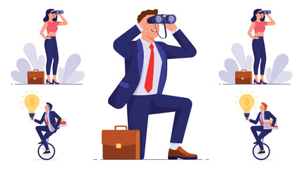 Set of five creative vector illustrations showing metaphorical vision, ambition, and exploration through binoculars, lightbulbs, motion, and teamwork