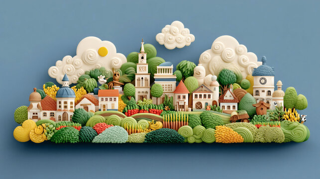 Ilustraci&oacute;n 3D de un pueblo colorido en paisaje rural con colinas