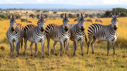 Five zebras standing in a dry, grassy field
