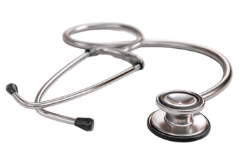 Medical stethoscope, chrome finish, angled view