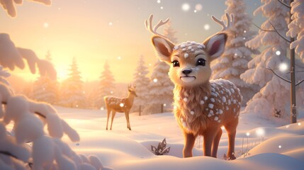 Obraz premium A cute deer stands in a snowy winter scene, bathed in the warm glow of sunset.