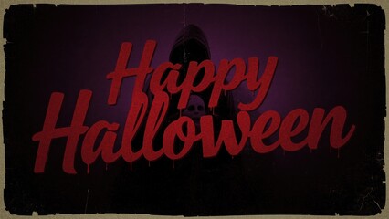 Fototapeta premium A happy halloween message with a cloaked figure in the background on a dark purple background