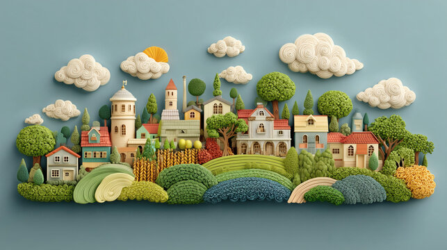Ilustraci&oacute;n 3D de un pueblo colorido en paisaje rural con colinas