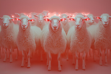 Surreal conceptual image of a group of white sheep with glowing red eyes, standing in uniform formation under pink lighting. A metaphor for conformity, mass thinking, propaganda, and control.