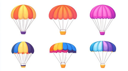 Set of simple, colorful cartoon parachute illustrations isolated on a white background.