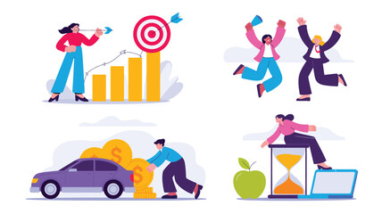 Set of four metaphor illustrations symbolizing goal pursuit, teamwork, financial effort, and time management using graphs, megaphones, coins, and hourglass