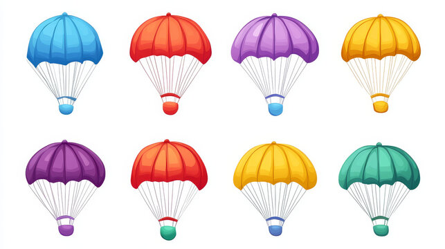 Set of simple, colorful cartoon parachute illustrations isolated on a white background.