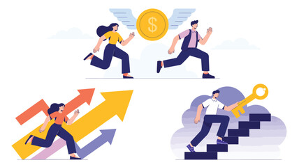 Set of three metaphor illustrations symbolizing financial pursuit, growth, and unlocking potential with coins, arrows, stairs, and key elements
