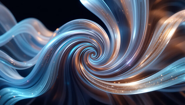 Mesmerizing abstract swirling ribbons of light in vibrant blue and gold hues creating a dynamic flowing motion with sparkling highlights and a central vortex effect