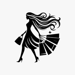 Silhouette of a stylish woman with flowing hair carrying shopping bags.