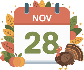 November 28th Calendar with Autumn Leaves and Turkey Illustration for Fall Season