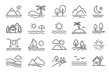 A collection of simple line art icons representing various natural landscapes, including mountains, beaches, and forests, perfect for design.