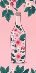 Illustration of flowers inside a bottle with pink background and surrounding floral decorations
