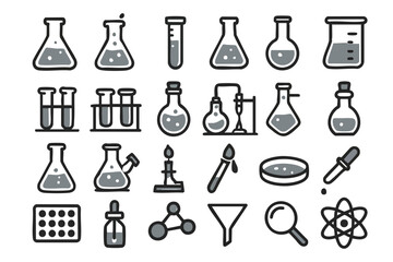 A collection of grayscale science icons representing laboratory equipment and tools, perfect for educational materials, scientific publications, and research projects, showcasing chemistry and