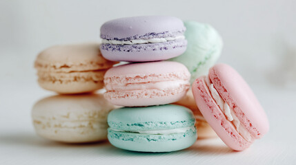 Fototapeta premium Pastel macarons with soft frosted icing stacked in an aesthetic layout on pure white background with soft natural daylight enhancing the pastel colors captured in a real photo