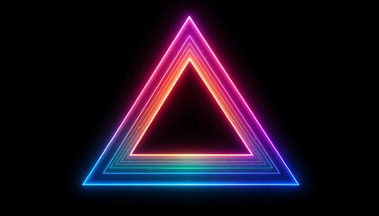 Abstract glowing neon triangle tunnel with a vibrant rainbow gradient effect against a dark black background representing futuristic technology and digital art
